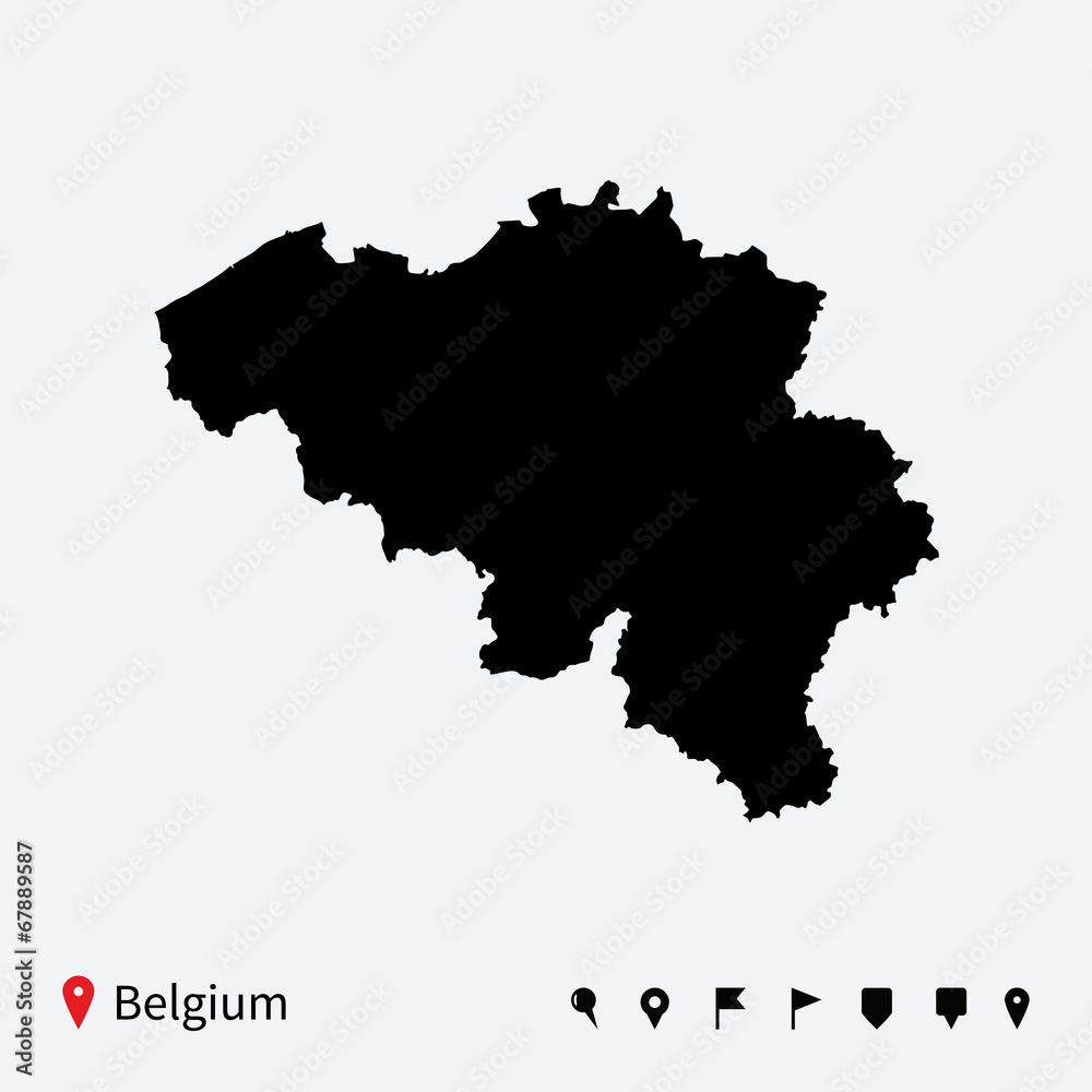 High detailed vector map of Belgium with navigation pins.
