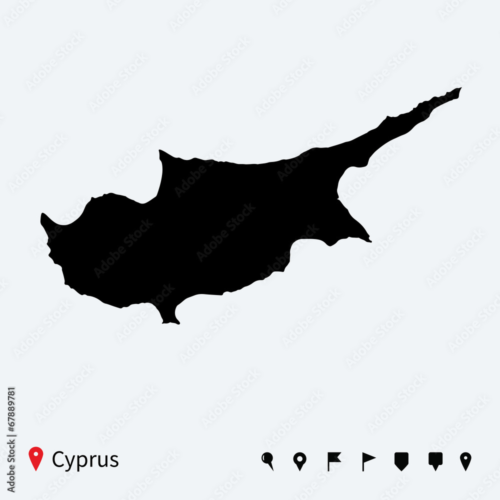 High detailed vector map of Cyprus with navigation pins.