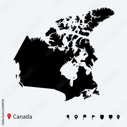 High detailed vector map of Canada with navigation pins.