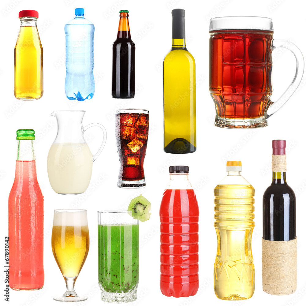 Collage of different drinks isolated on white Collage of different drinks isolated on white