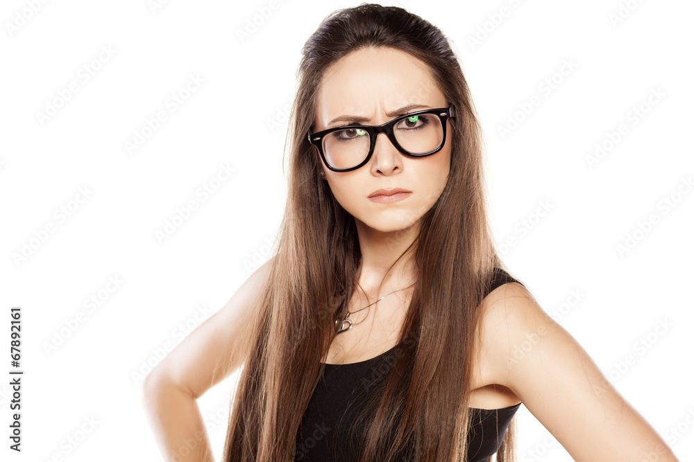 angry young woman with glasses on white background angry young woman with glasses on white background