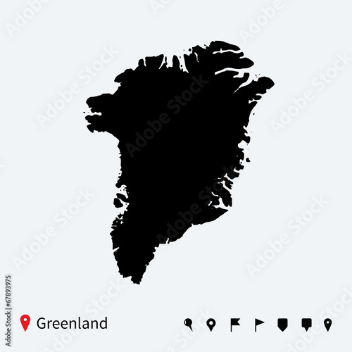 High detailed vector map of Greenland with navigation pins.