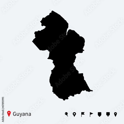 High detailed vector map of Guyana with navigation pins.