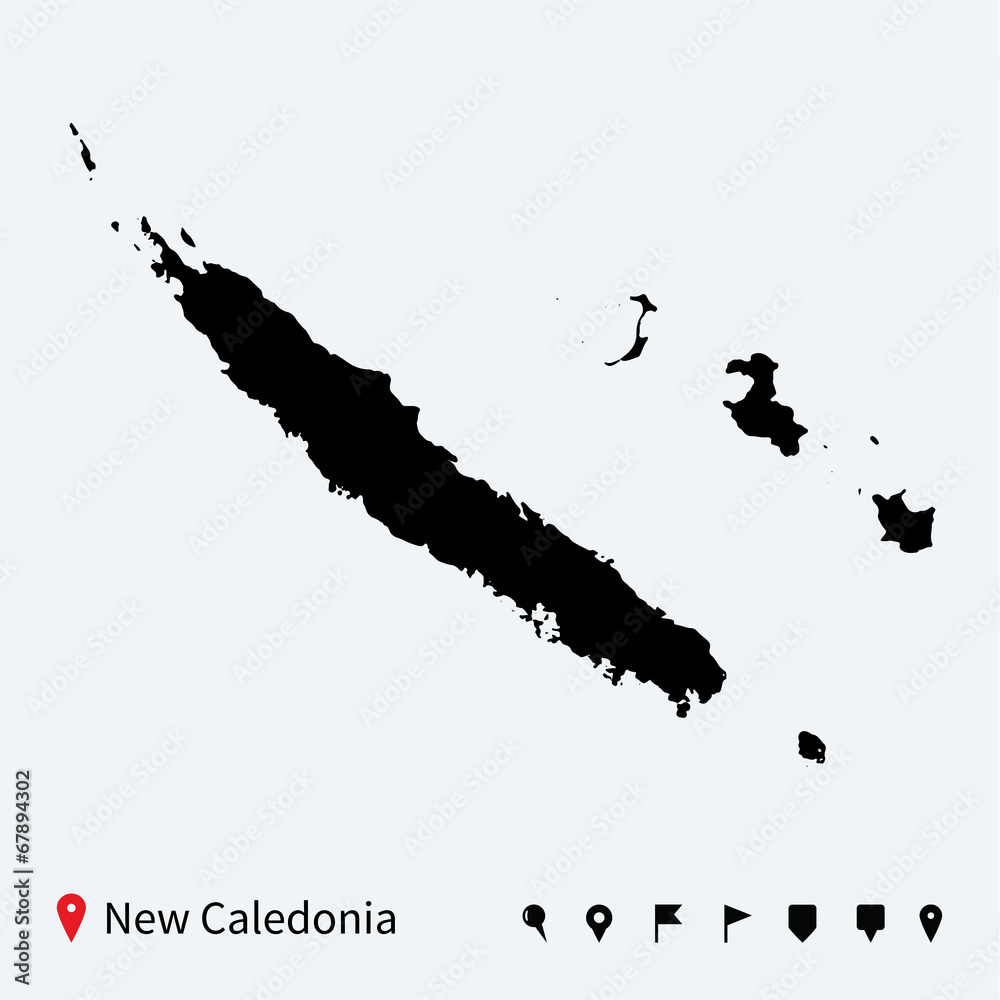 High detailed vector map of New Caledonia with navigation pins. High detailed vector map of New Caledonia with navigation pins.