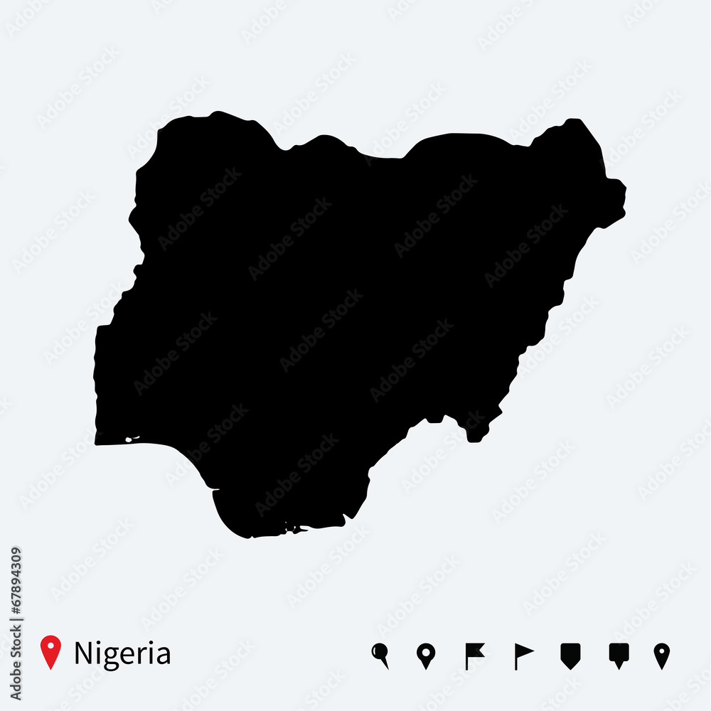 High detailed vector map of Nigeria with navigation pins. High detailed vector map of Nigeria with navigation pins.