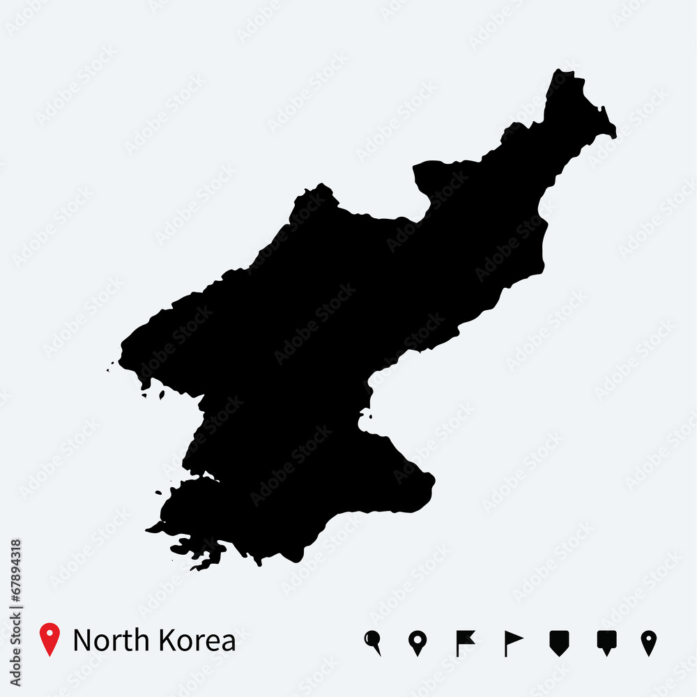 High detailed vector map of North Korea with navigation pins.