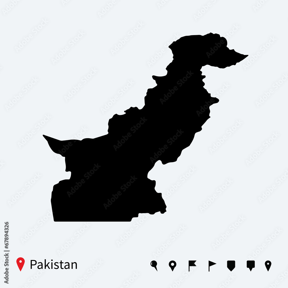 High detailed vector map of Pakistan with navigation pins.