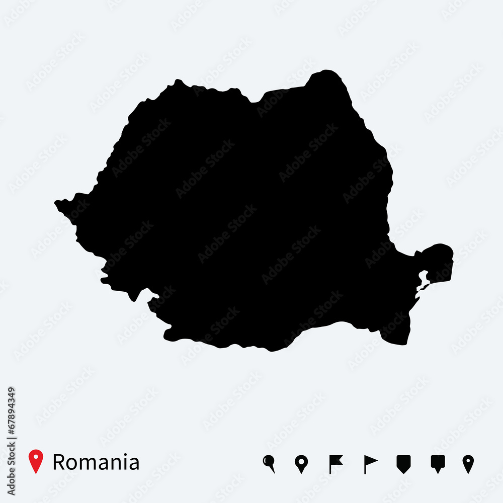 High detailed vector map of Romania with navigation pins.