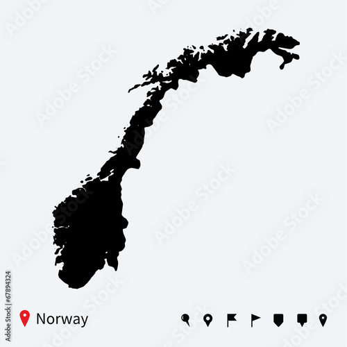 High detailed vector map of Norway with navigation pins.