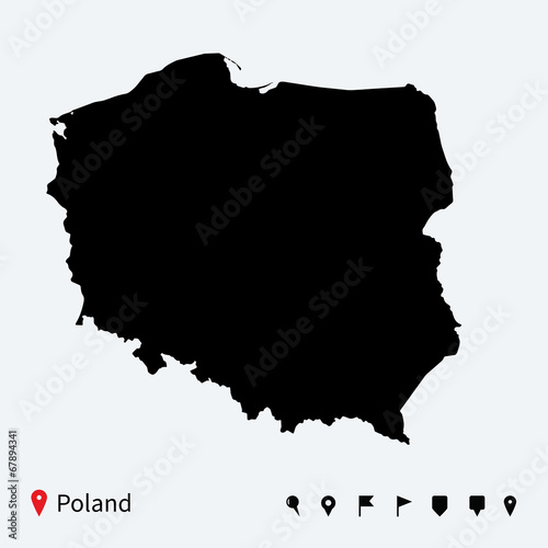High detailed vector map of Poland with navigation pins.