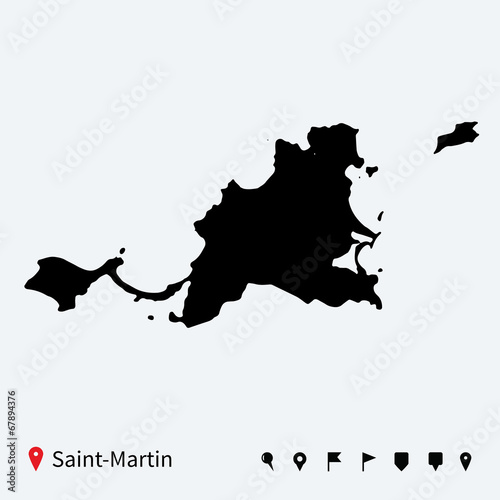 High detailed vector map of Saint-Martin with navigation pins.