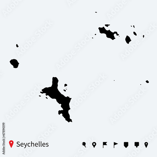 High detailed vector map of Seychelles with navigation pins.