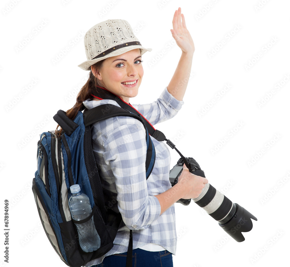 young tourist waving good bye young tourist waving good bye