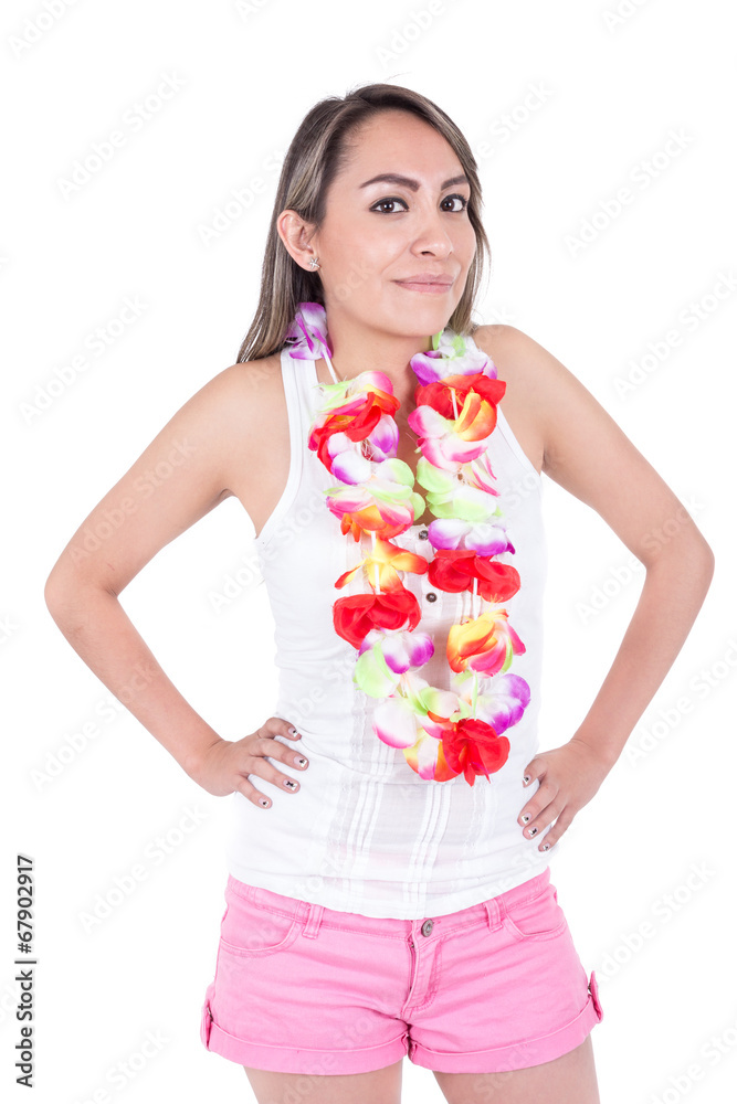 beautiful young woman wearing shorts and a flower lei beautiful young woman wearing shorts and a flower lei
