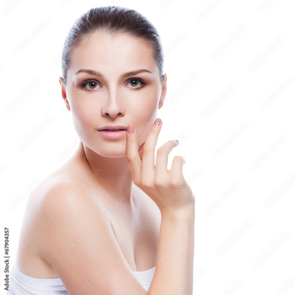 Beautiful face of young adult woman with clean fresh skin