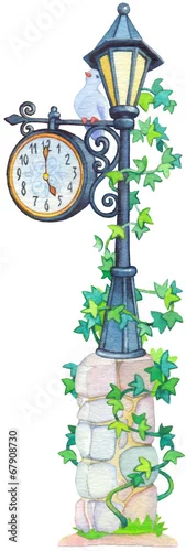 Naklejka na ścianę Akwarela latarnia kuta ze wskaźnikiem i zegarem mechanicznym