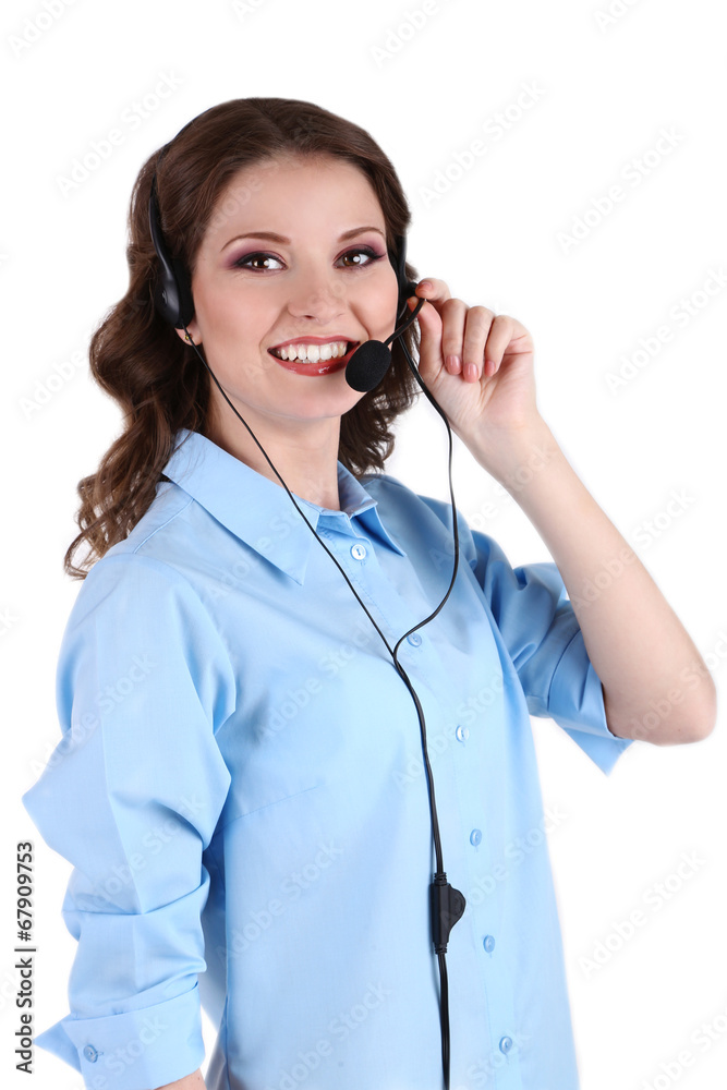 Young business woman with headset isolated on white Young business woman with headset isolated on white