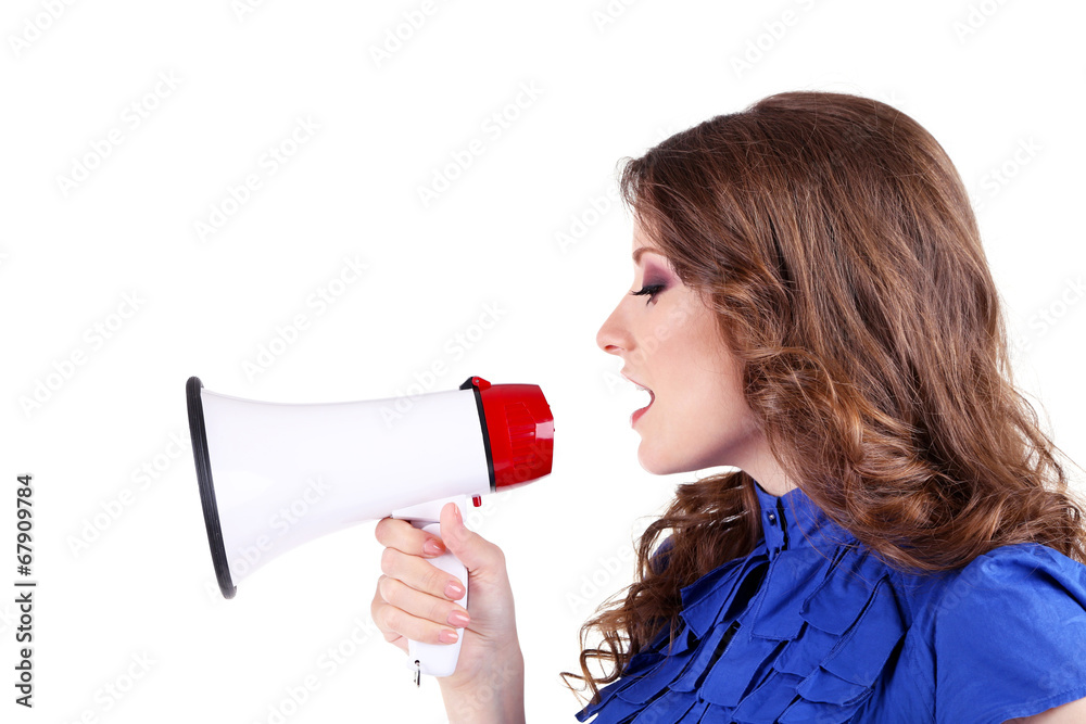 Young business woman with megaphone isolated on white Young business woman with megaphone isolated on white