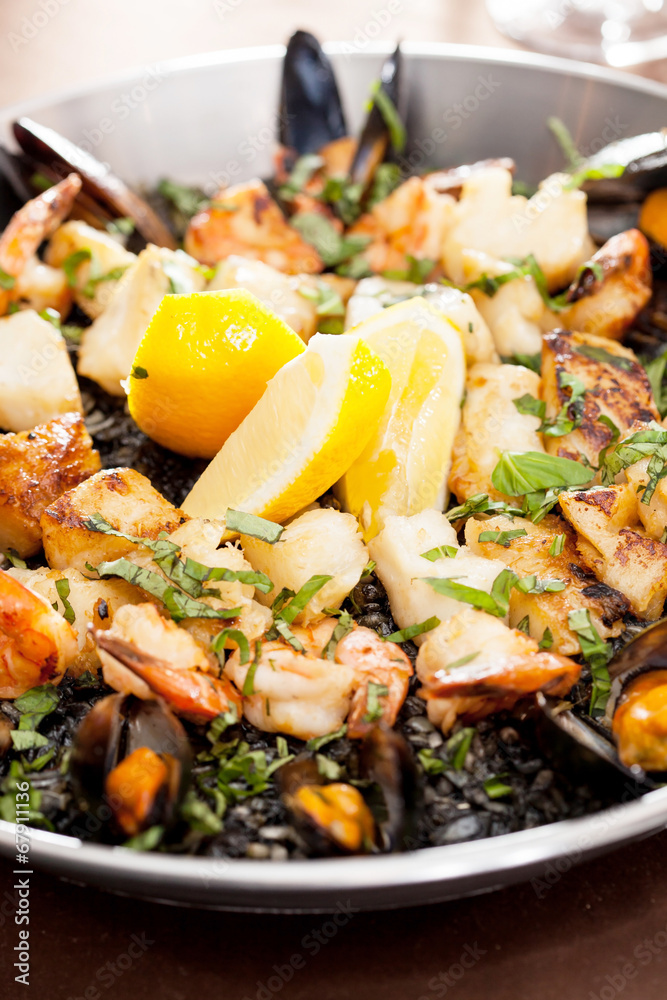 seafood paella in the fry pan seafood paella in the fry pan