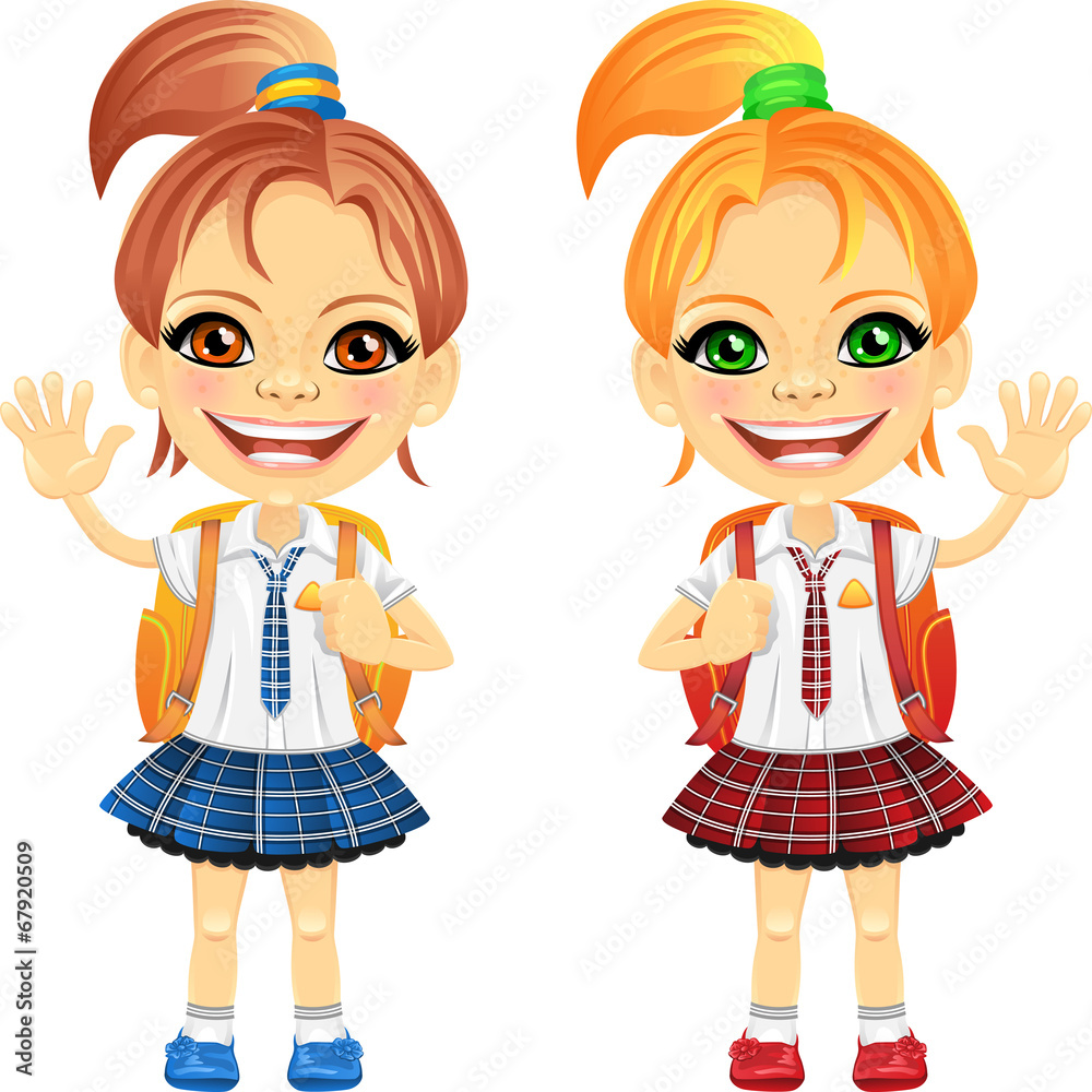 Vector smiling chestnut and redhead cute schoolgirls