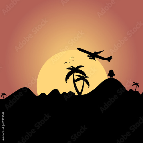 airplane flying over mountain with palm silhouette illustration