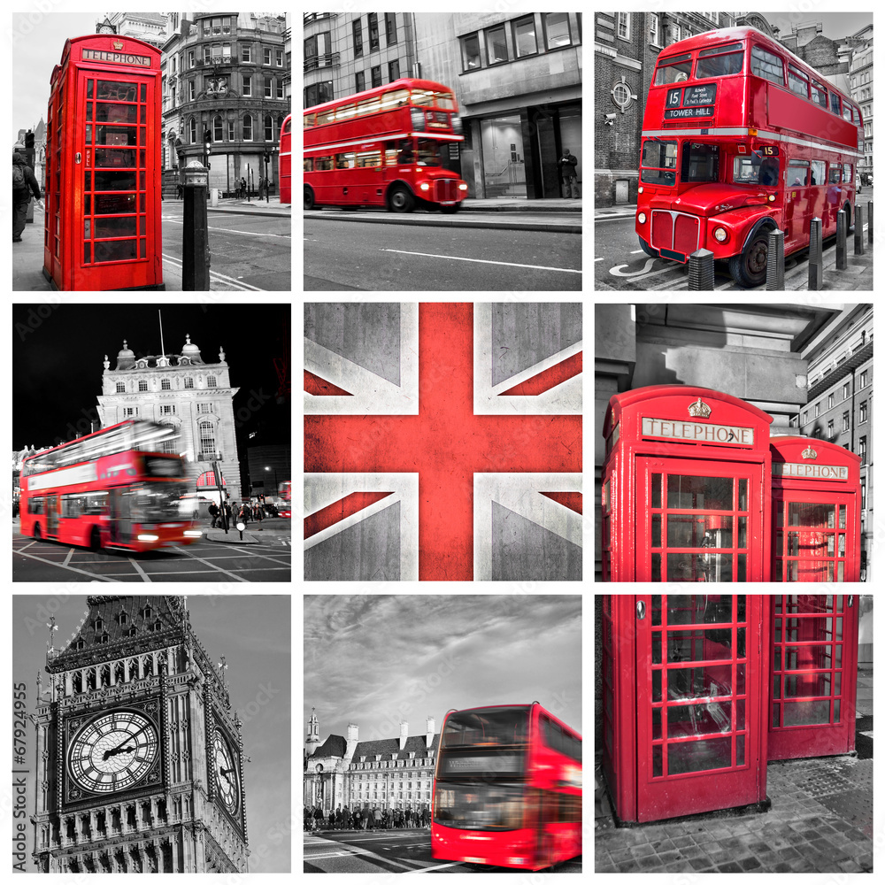 London photos collage, selective color - obrazy, fototapety, plakaty 