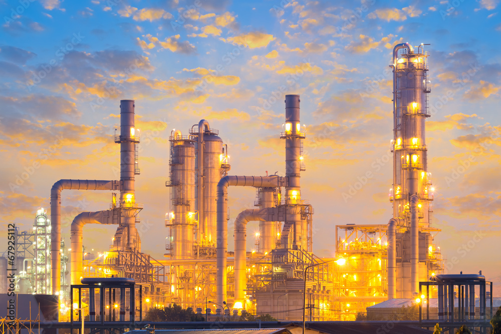 Obraz premium Oil gas refinery plant. May called petroleum, production or petrochemical plant. Industrial factory construction from engineering technology with steel pipe, pipeline, tank. Business for power energy.