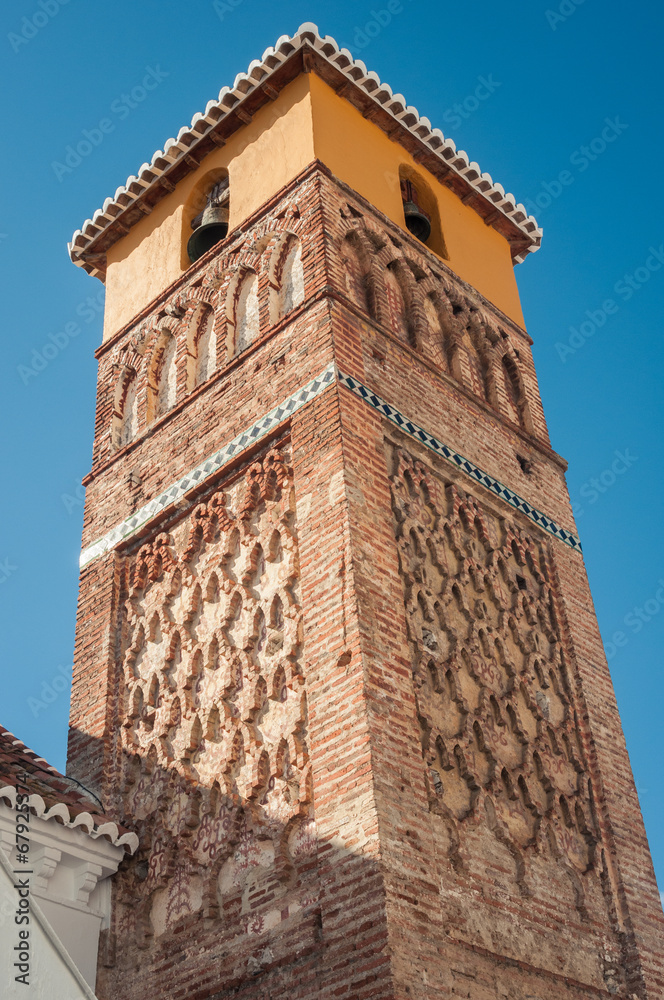 Brickwork on the bell tower of a village church