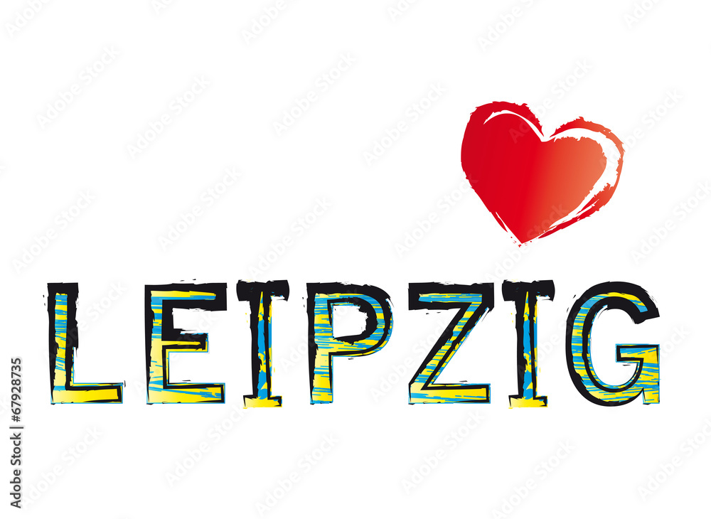 Leipzig, Landeshauptstadt von Sachsen, Schriftzug mit Herz, stadt in Mitteldeutschland, Bundesland, Wappenfarben, blau und gelb Leipzig, Landeshauptstadt von Sachsen, Schriftzug mit Herz, stadt in Mitteldeutschland, Bundesland, Wappenfarben, blau und gelb