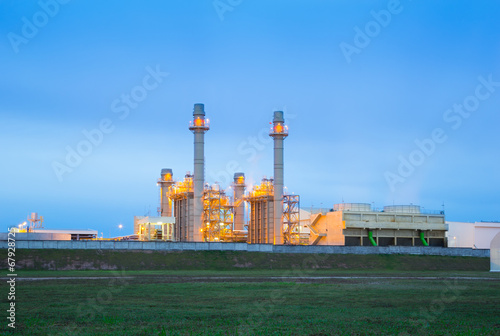 Power plant, gas fired power station. Industrial factory may called combined cycle gas turbine plant or CCGT. Electricity energy generation by natural gas, heat recovery steam generator and boiler.