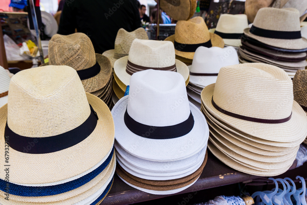 Handmade Panama Hats for sale.  Panama hats for sale in a market