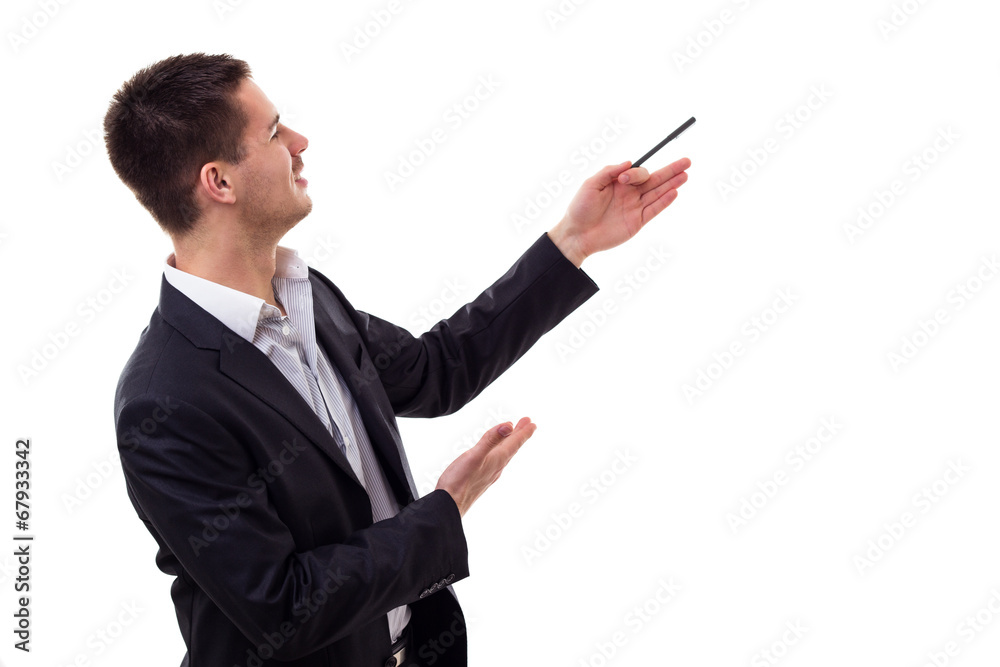 Young man presenting and showing your text or product Young man presenting and showing your text or product