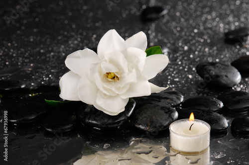 gardenia and candle on pebbles –wet background