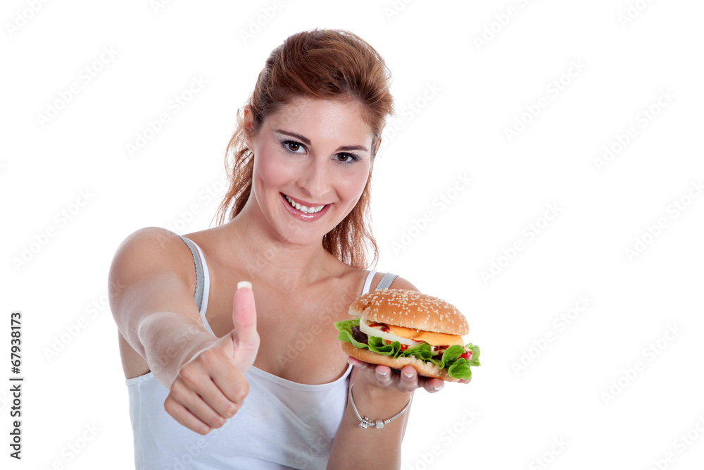 Frau mit Hamburger und Daumen hoch Porträt Frau mit Hamburger und Daumen hoch Porträt