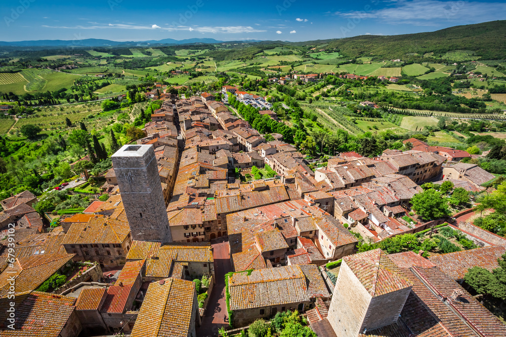 View of a green valley in San Gimignano, Italy