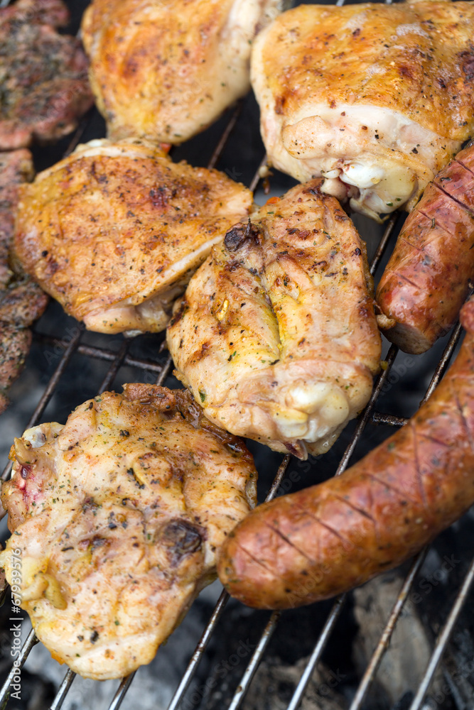 barbecue with delicious grilled meat on grill barbecue with delicious grilled meat on grill