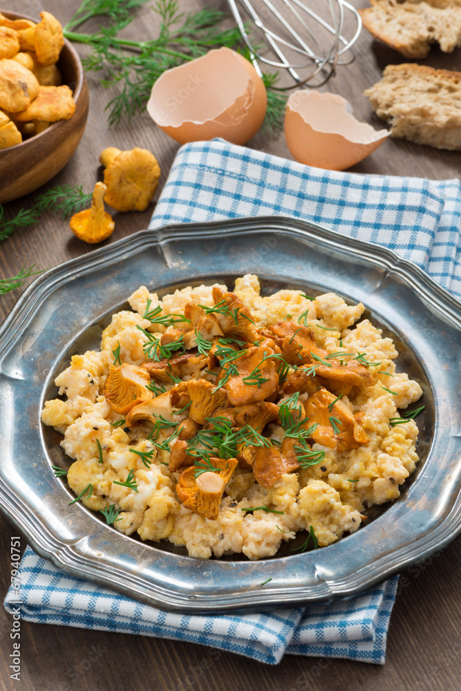 scrambled eggs with chanterelles and fresh dill on a plate scrambled eggs with chanterelles and fresh dill on a plate