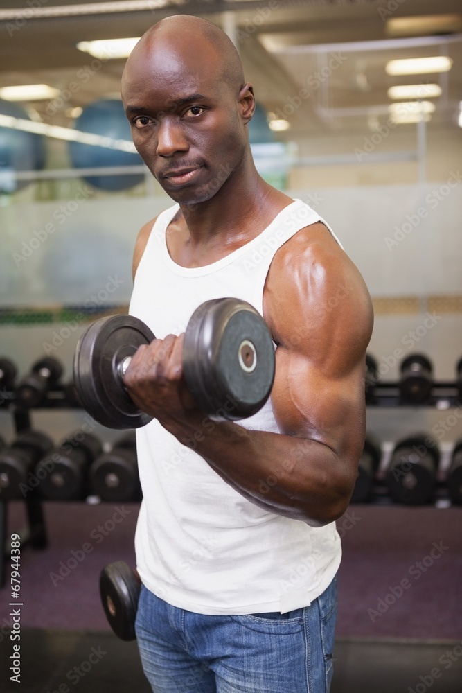 Muscular man exercising with dumbbell in gym Muscular man exercising with dumbbell in gym