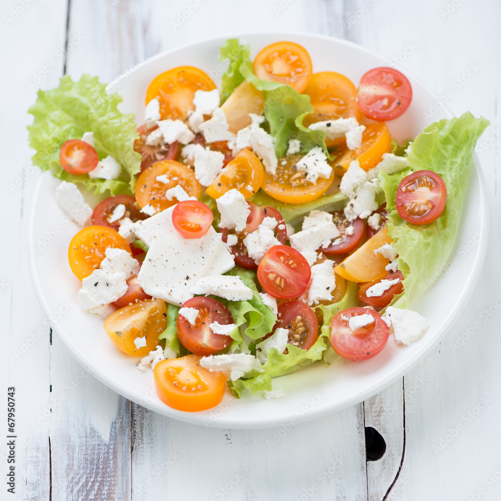 Vegetable salad with feta cheese on a glass plate, studio shot