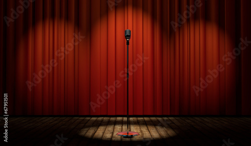 3d vintage microphone on stage with red curtain