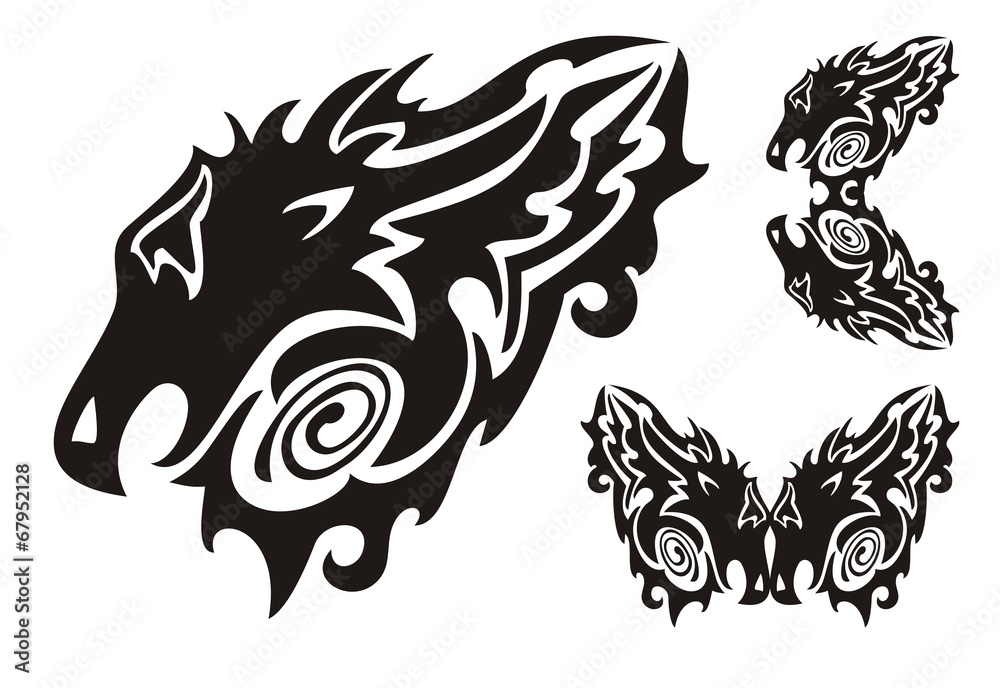 Obraz premium Tribal dragon head and twirled dragons symbols