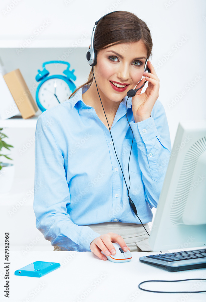 Portrait of woman customer service worker, call center smiling Portrait of woman customer service worker, call center smiling