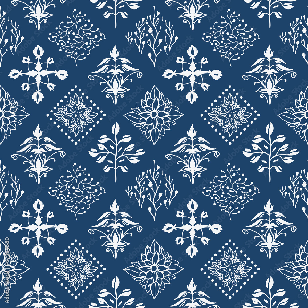 Naklejka premium Indigo blue hand drawn seamless pattern