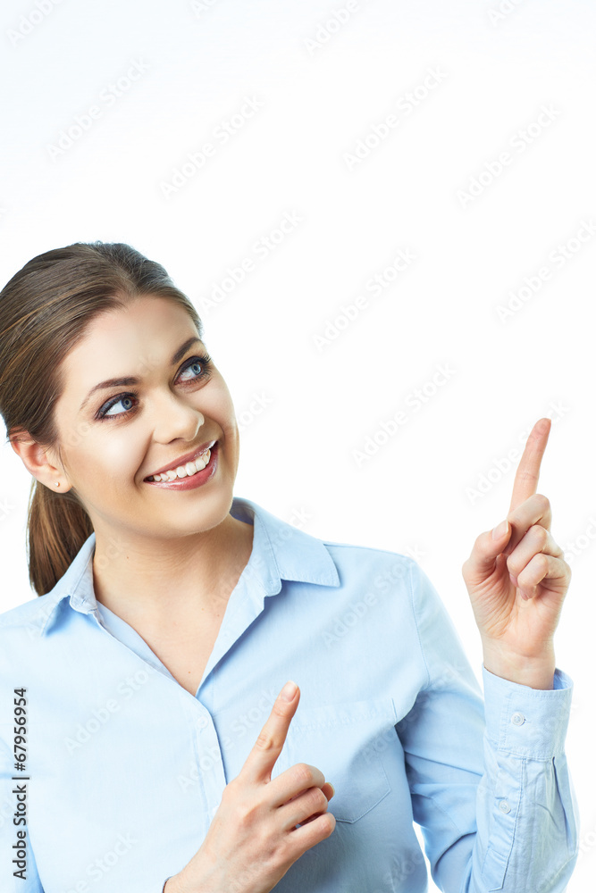 Business woman finger show. Presenting. Isolated white backgrou Business woman finger show. Presenting. Isolated white backgrou