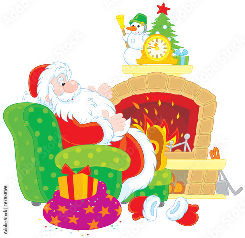 Santa Claus by a fireplace