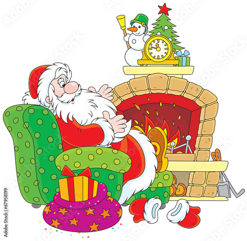 Santa Claus by a fireplace