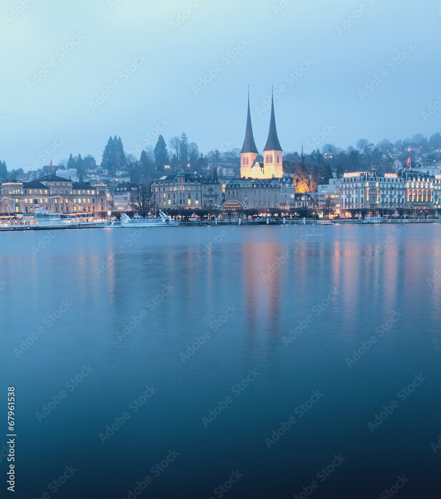 City, church, lake. Lucerne, Switzerland
