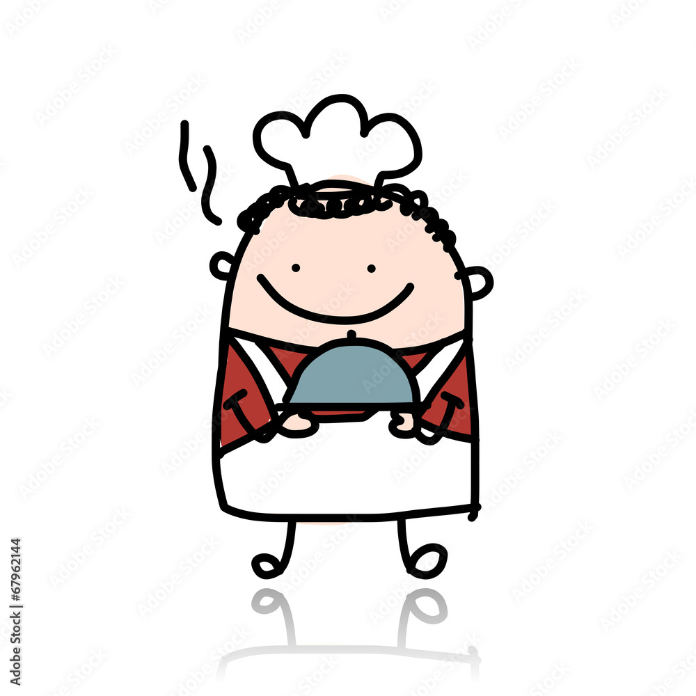 Funny chief cook with plate of food, sketch Funny chief cook with plate of food, sketch