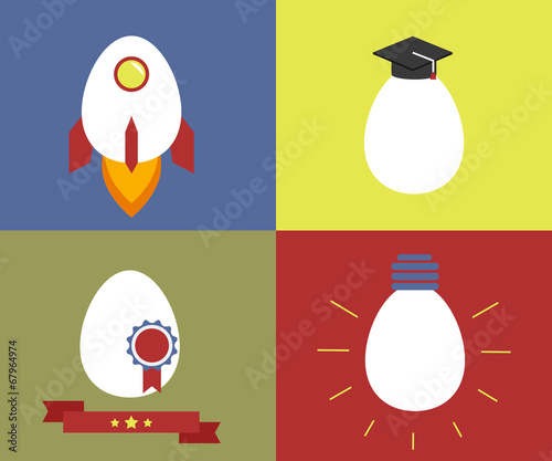 Square icons with egg as rocket, knowledge, rewarding and lamp