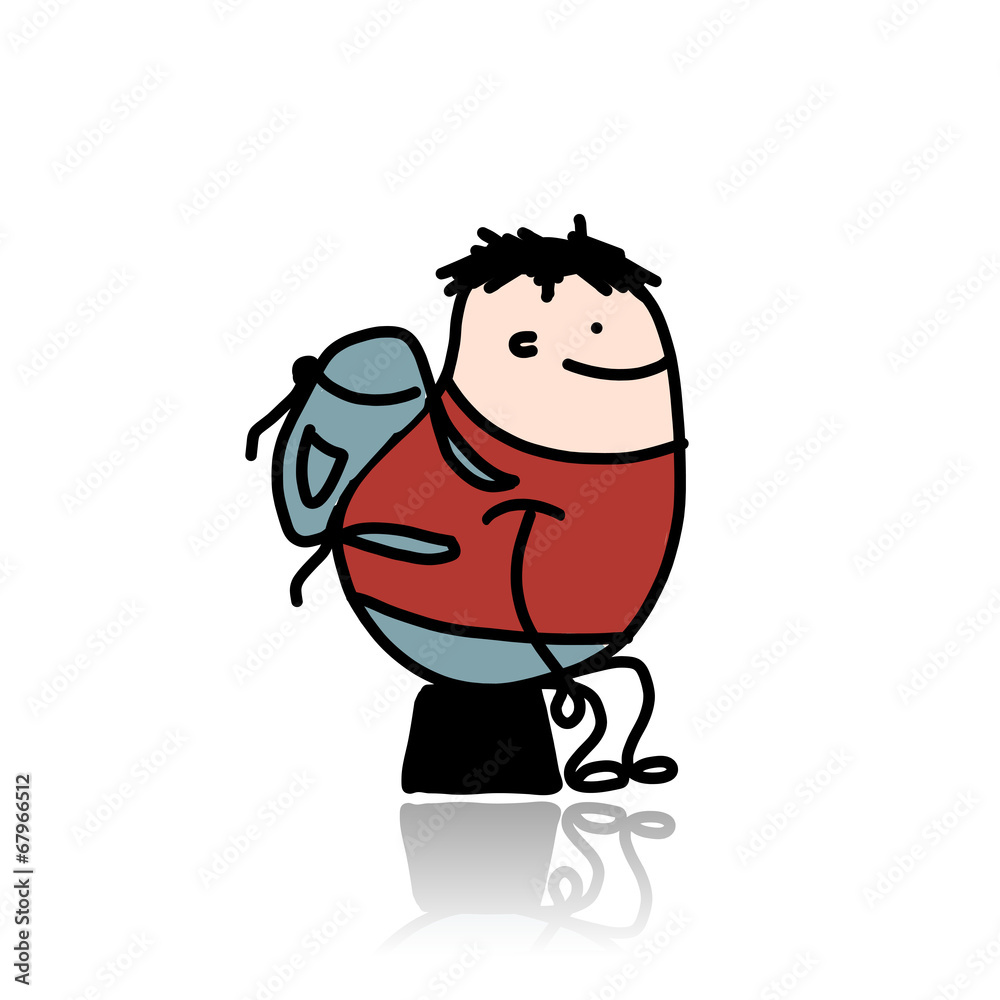 Fototapeta premium Tourist resting on stump, cartoon for your design